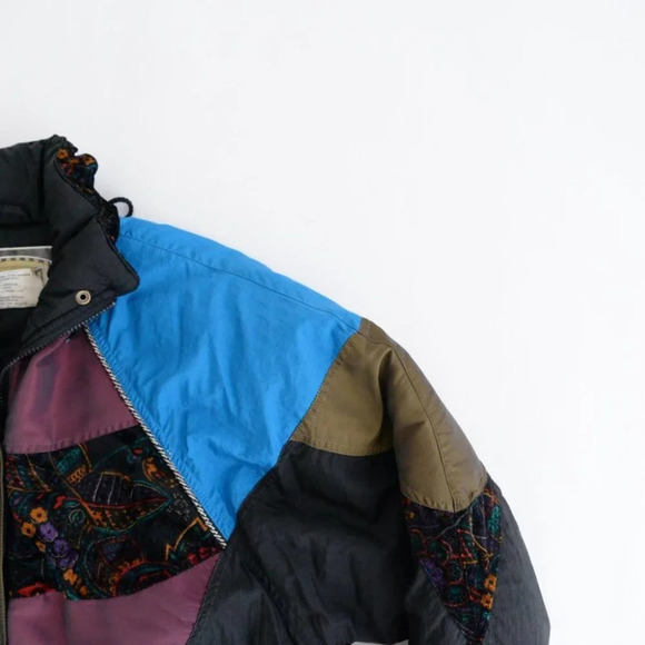 Vintage 90's ISPO Blue & Black Patchwork Funky Puffer Zip Up Winter Jacket S - Picture 12 of 15
